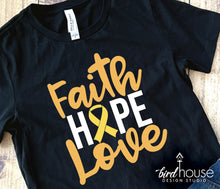 Load image into Gallery viewer, Faith Hope Love Shirt, Childhood Cancer Awareness graphic tee