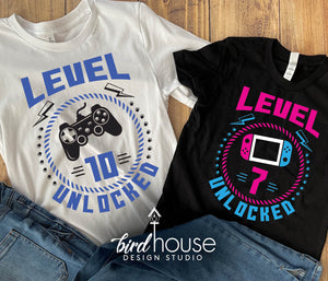 Gamer Birthday Shirt, Video Games, Any Age and 2 Colors, Any Controller, Cute Neon Party Theme, Level Unlocked, Custom personalized shirts, switch, playstation