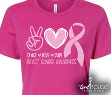 Load image into Gallery viewer, Peace Love Cure Breast Cancer Awareness graphic tee Shirt