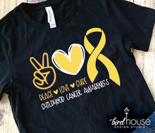 Load image into Gallery viewer, Peace Love Cure Shirt, Childhood Cancer Awareness graphic tee