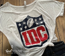 Load image into Gallery viewer, IDC, I Don&#39;t Care NFL Shirt, Funny Super Bowl Sunday graphic tee, Bella Slouchy Shirts, Party Tailgating