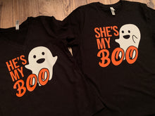 Load image into Gallery viewer, He&#39;s She&#39;s My Boo Shirt, Cute Couples Ghost Halloween Tee hes shes