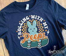 Load image into Gallery viewer, Rolling with my Peeps Shirt, Cute Retro Easter Graphic Teerolling with my peeps cute easter graphic tee shirt skater boy