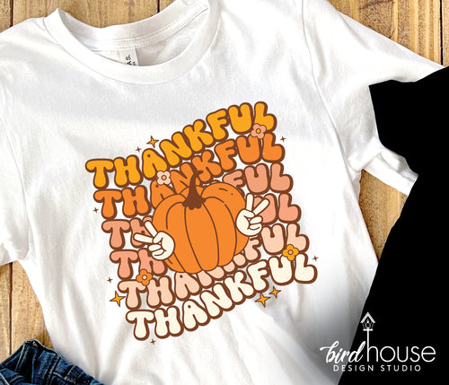 Thankful Pumpkin Shirt, Cute Groovy Thanksgiving Graphic Tee