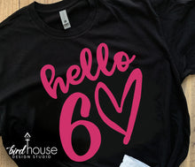 Load image into Gallery viewer, Hello 60 Shirt, Any Age, Cute Birthday Tee with Heart, Any Age, Any Color, Customize Matte or Glitter, Matching Group Shirts