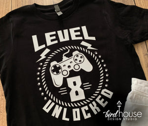 Level Unlocked, Gamer Birthday Video Game Shirt, Cute Shirt, Personalized Any Age, Xbox, Fortnite, switch Level Up