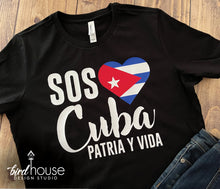 Load image into Gallery viewer, SOS Cuba Patria y Vida Shirt, Cuban Flag, #SOSCuba, Free Cuba, Libertad, Cubanita, Love, Heart, Support, Solidarity