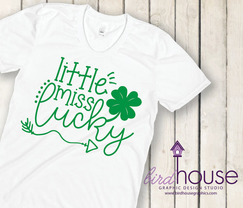 Little Miss Lucky, Cute St. Patricks Day, Custom Matte or Gliiter T-Shirt, Personalized, Any Color, Any Text