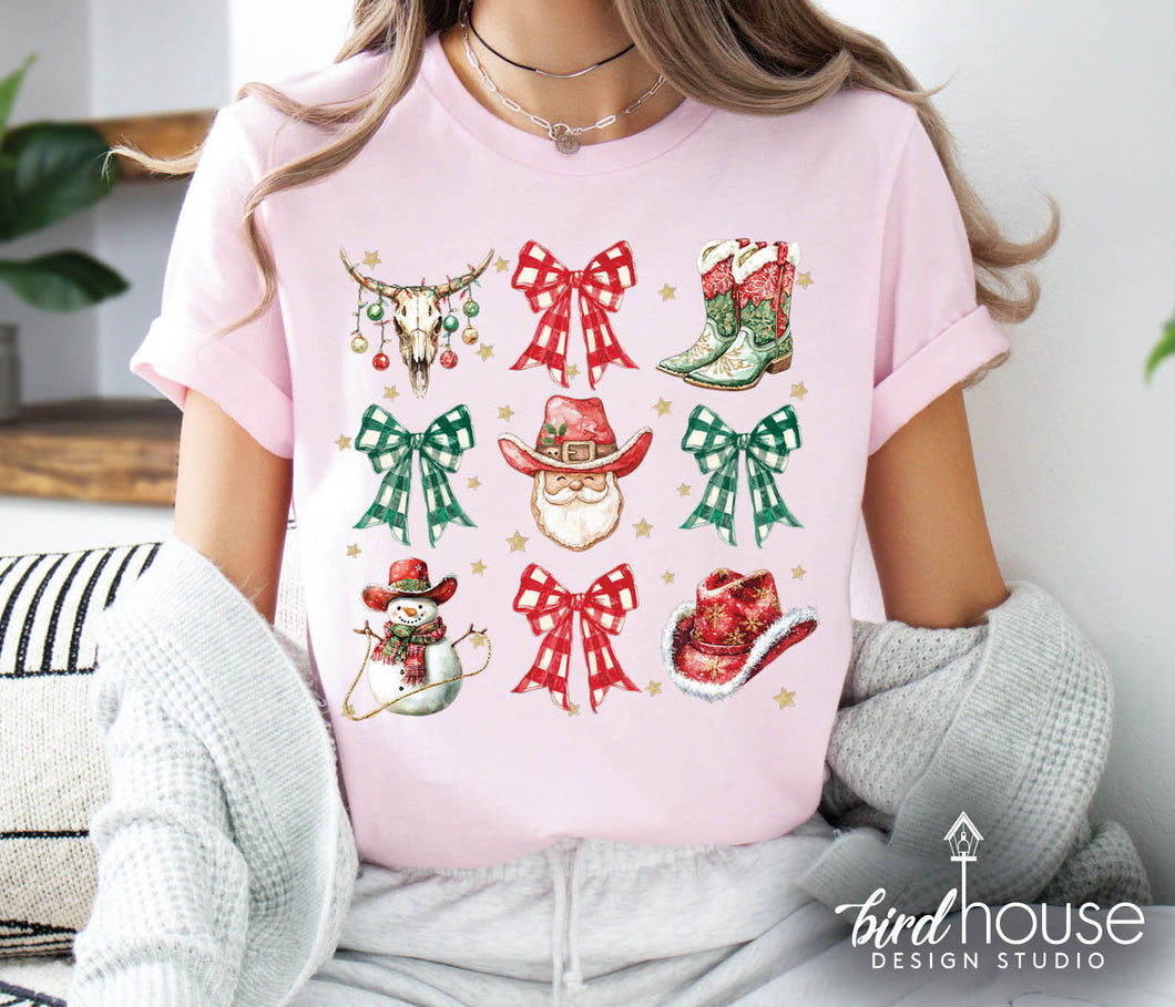 Coquette Cowboy Boots bows santa Christmas Shirt cute pajamas pjs graphic tee