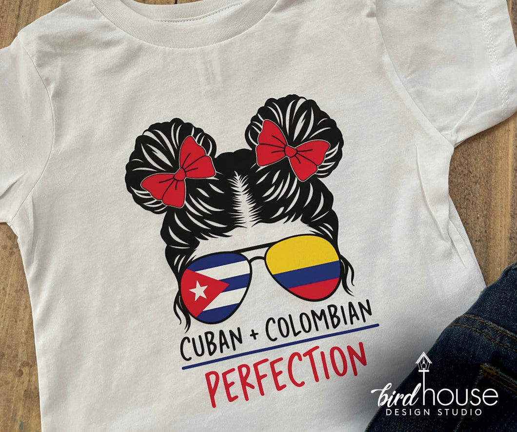 Perfection, pick 2 Flags, Girl Pig Tails Messy Bun Shirt, Any FLAG, Colombian Cuban