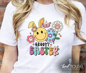 Groovy easter cute smilie face retro graphic tee shirt
