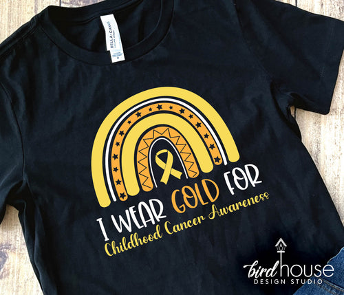 I wear Gold For Childhood Cancer Awareness Shirt, Boho Rainbow