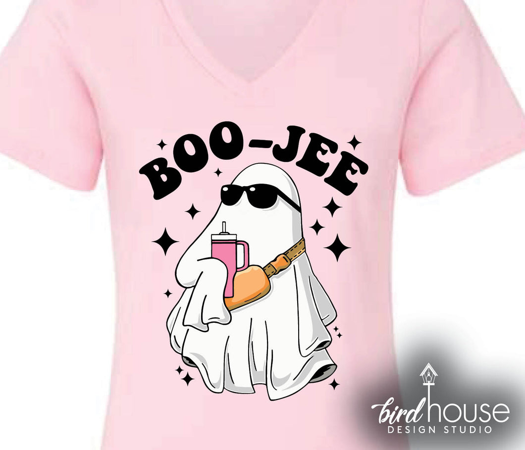 boo jee ghost cute stanley fanny sunglasses graphic tee shirt, halloween tshirt, girls, pink beige, bougie