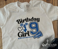 Load image into Gallery viewer, Birthday Girl Cheerleader Shirt, Custom Any Colors Cheer Tee, cheer birthday party graphic tee shirt