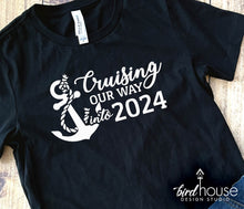 Load image into Gallery viewer, Cruising our way into 2024 Cruise Shirt, Cruising Personalize Custom Any Year or Age Cruising Birthday New Year, anniversary, new years eve cruise, hello 2024, family group matching shirts