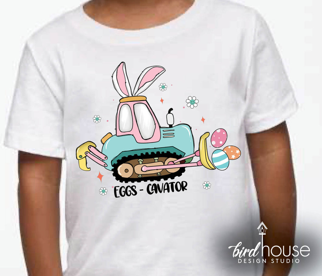 eggs-cavator dump truck excavator cute Easter egg hunt graphic tee shirt for boys