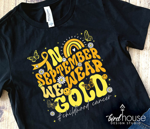 in september we wear gold cute retro childhood cancer awareness graphic tee shirt