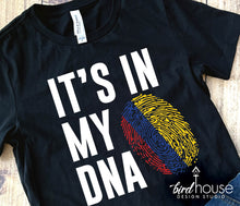 Load image into Gallery viewer, its in my dna fingerprint hispanic heritage graphic tee shirt, colombia, colombian