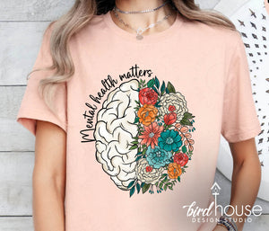 mental health matters floral brain pretty graphic tee for therapist counselors