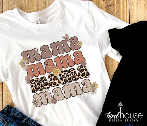 Mama Leopard Print Daisies, Retro Graphic Tee Shirt