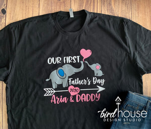 Our First Father's Day Shirt, Daddy Cute Baby Elephants Personalized Girl or Boy