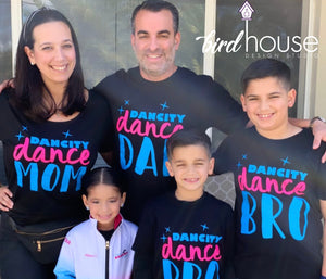 Dance Mom, Cute Off Shoulder Miami Dancity Studio Shirt Matte or Glitter Bro Dad
