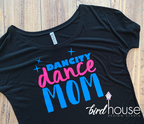Dance Mom, Cute Off Shoulder Miami Dancity Studio Shirt Matte or Glitter Abuela Dad