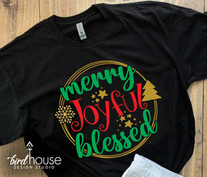 Merry Joyful Blessed Shirt, Cute Christmas Pajamas Matching Pjs Glitter or Matte