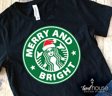 Load image into Gallery viewer, Merry and Bright Christmas Starbies Coffee Shirt, Starbucks Santa Hat