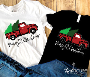cute Red Truck Christmas Trees Shirt, Graphic Tee, farmhouse shirts