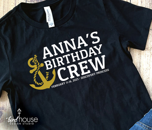 Anna's Birthday Crew Personalized Group Shirts - AS SHOWN - Black Shirt Gold Anchor White Text