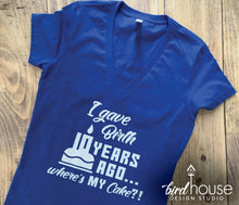 Load image into Gallery viewer, I gave birth years ago where&#39;s my cake?! Funny Birthday Shirt for mom