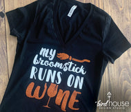 Cute My Broomstick Runs on Wine Shirt Halloween Funny Tee Glitter