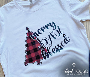 Merry Joyful Blessed Christmas Shirt, Cute Buffalo Print Christmas Tree Tee, pajamas, matching pjs