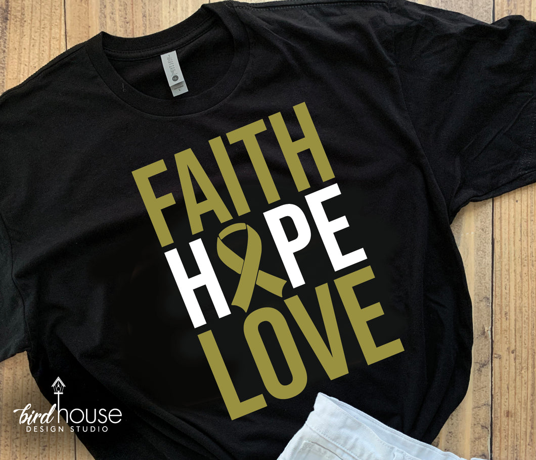 Faith Hope Love Ribbon Shirt, Childhood Cancer Awareness, Matte or Glitter Gold