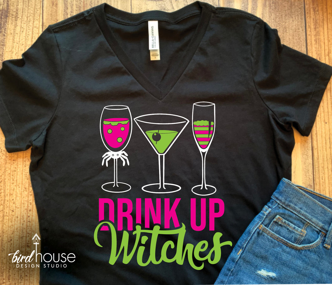 Drink Up Witches Cocktails Shirt, Halloween Drinks Tee, Funny Group Girls Night out Party Shirts Spider Witch Brew