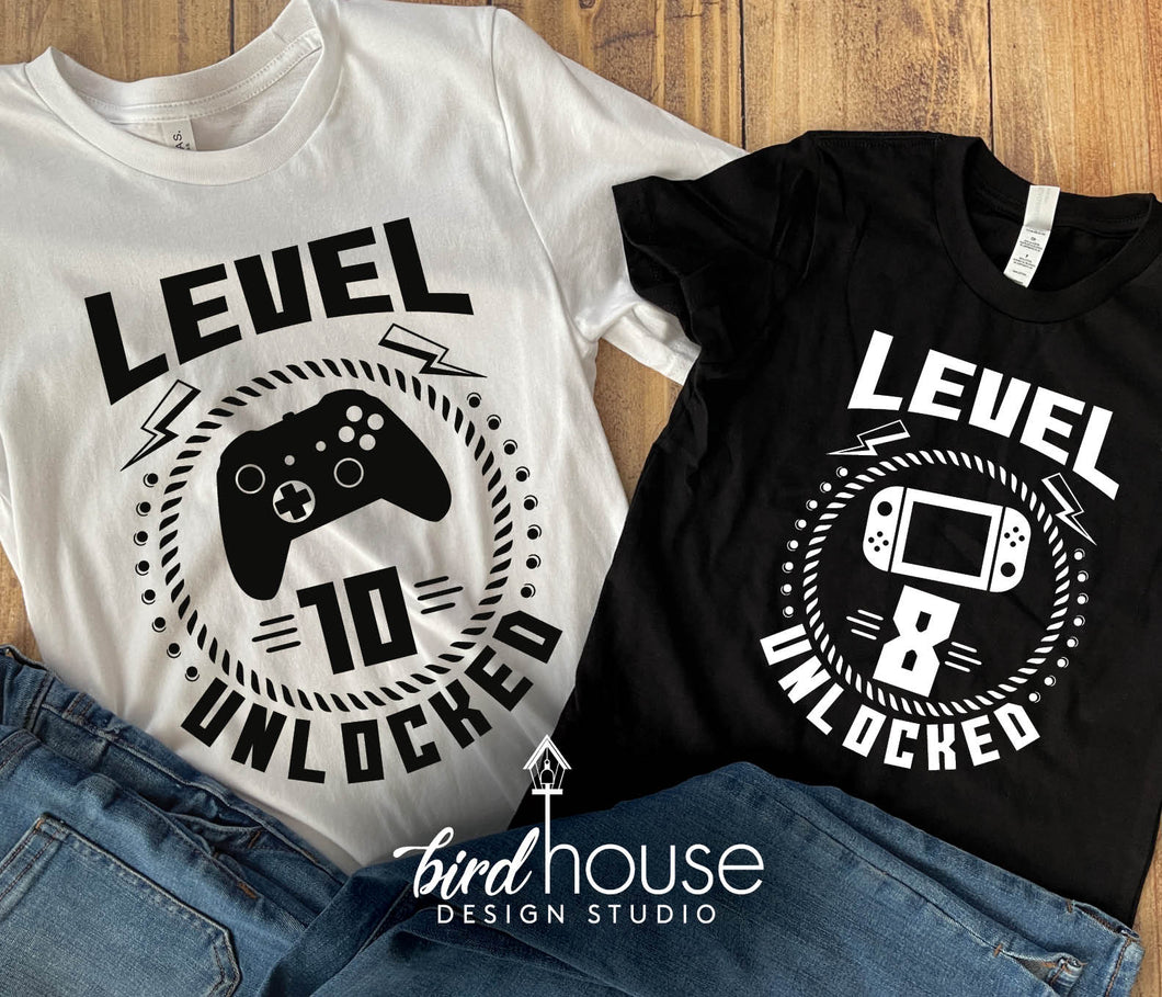 Level Unlocked, Gamer Birthday Video Game Shirt, Cute Shirt, Personalized family shirts, box, switch, station, controller party theme