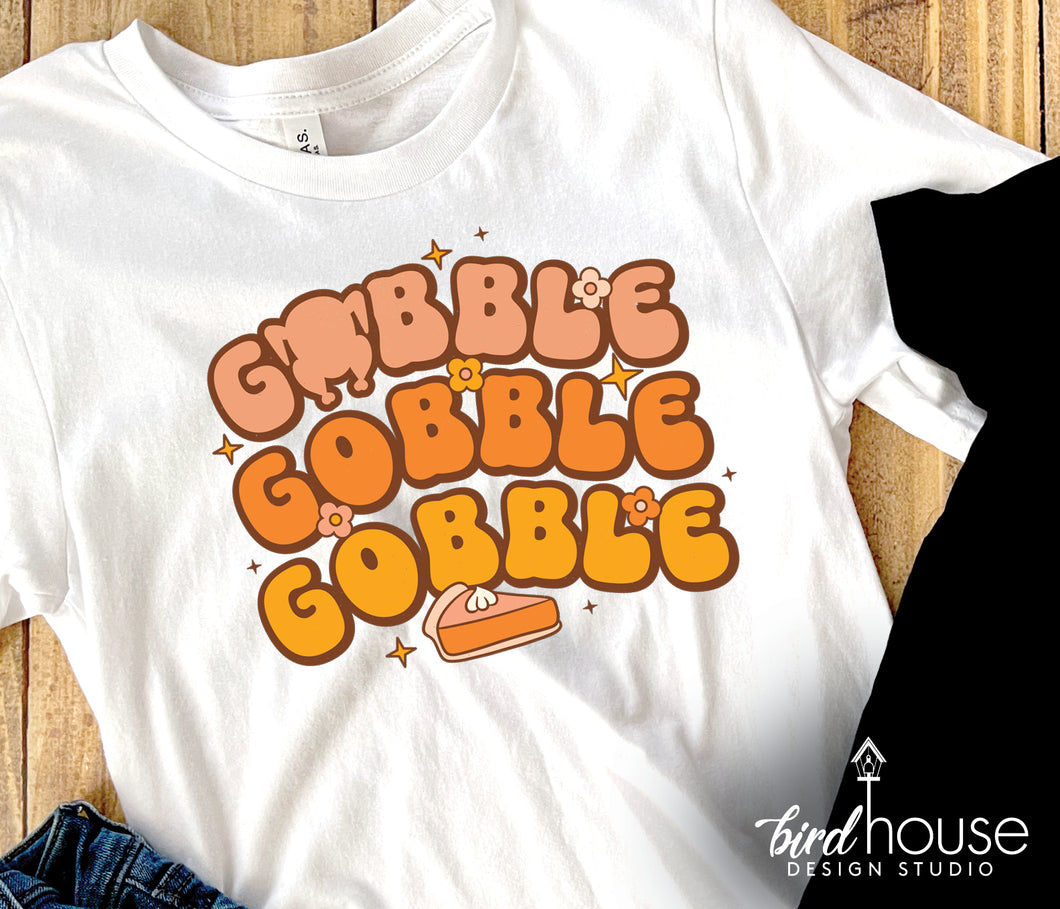 Gobble Turkey Pumpkin Pie Shirt, Cute Groovy Thanksgiving Graphic Tee