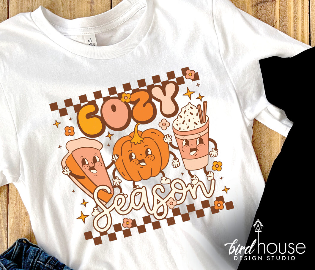 Cozy Season Shirt, Cute Groovy Thanksgiving Graphic Tee, pumpkin pie, spice latte