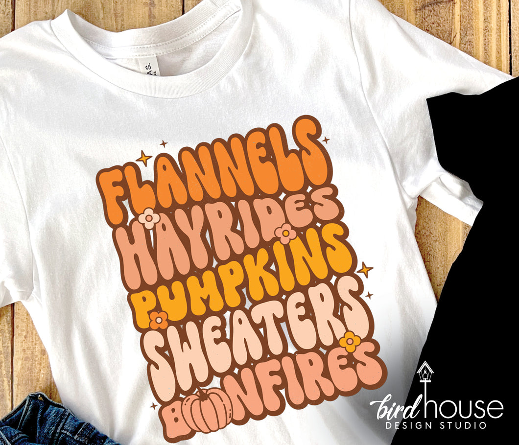 Flannels Hayrides Pumpkins Sweaters Bonfires Shirt, Cute Groovy Thanksgiving Graphic Tee