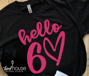 Hello 60 Shirt, Any Age, Cute Birthday Tee with Heart, Any Age, Any Color, Customize Matte or Glitter, Matching Group Shirts