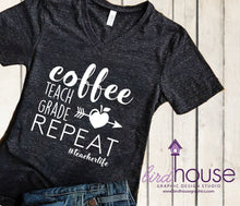 Load image into Gallery viewer, Coffee Teach Grade Repeat Shirt, Cute Teacher Appreciation Gift, Any Color