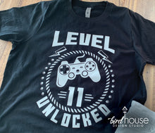 Load image into Gallery viewer, Level Unlocked, Gamer Birthday Video Game Shirt, Cute Shirt, Personalized Any Age, Xbox, Fortnite, switch Level Up
