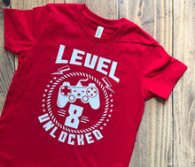 Load image into Gallery viewer, Gamer Birthday Video Game Shirt, Cute Birthday Theme Xbox playstation SwitchLevel Unlocked, Gamer Birthday Video Game Shirt, Cute Shirt, Personalized Any Age, Xbox, Fortnite, switch Level Up