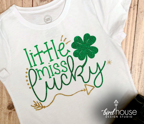 Little Miss Lucky, St. Patricks Day Shirt, Cute T-Shirt, Glitter or Matte, Custom Design, School Dress down