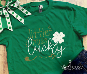 Little Miss Lucky, St. Patricks Day Shirt, Cute T-Shirt, Glitter or Matte, Custom Design, School Dress down