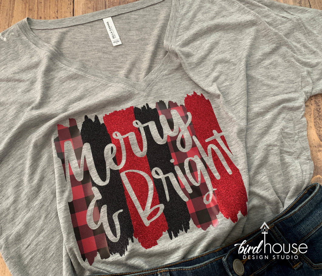 Merry & Bright Shirt, Cute Christmas Buffalo Print, Leopard Print Glitter Tee, Holidays Pajamas Pjs Matching Tees