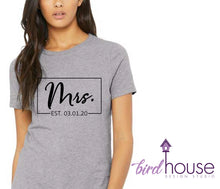 Load image into Gallery viewer, Mrs. Established Date, Script Letters, Wedding Date shirt Personalized