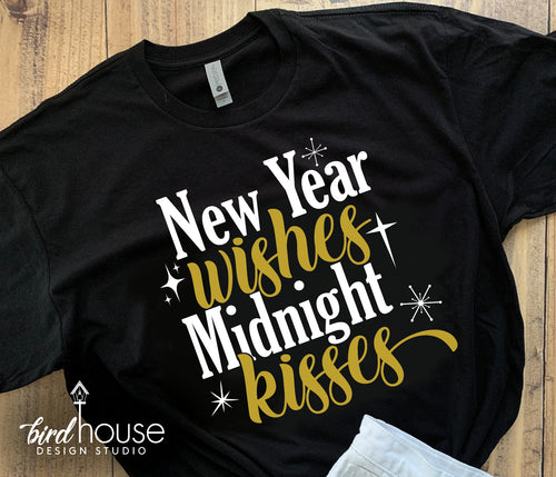 New Year Wishes Midnight Kisses Shirt, Cute New Years Eve Tee Any Colors Matte or Glitter