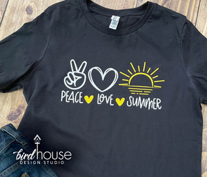 Peace Love Summer Shirt, Cute Graphic Tee, Sun, Hearts, Shirts for girls